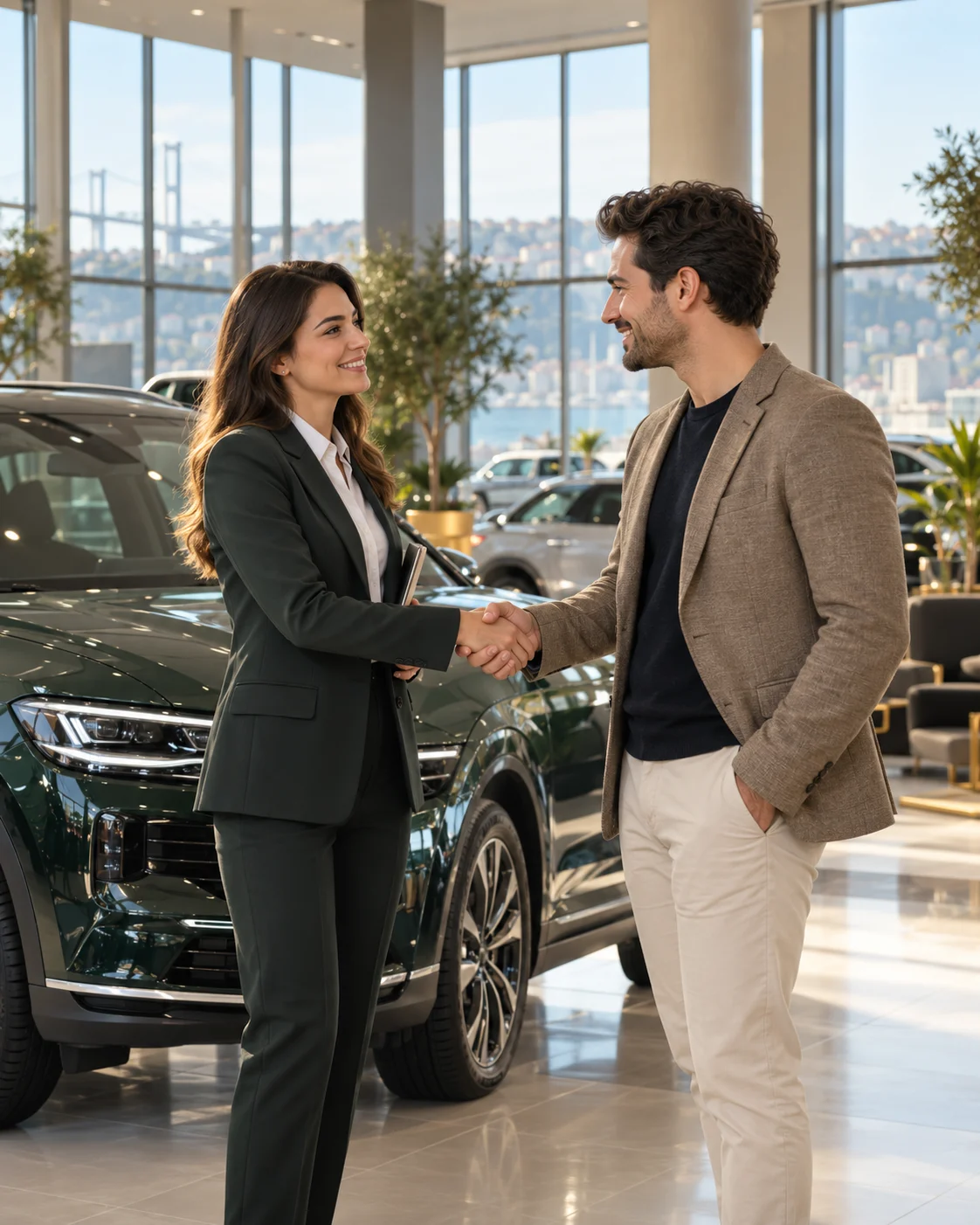 Araç yanında gülümseyerek el sıkışan genç müşteri ve satış danışmanını gösteren temsili görsel
